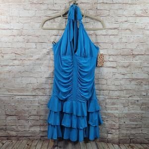 Xoxo Collection Womans Dress Medium Blue Red Halter Ruffled Prom Eveningwear NWT